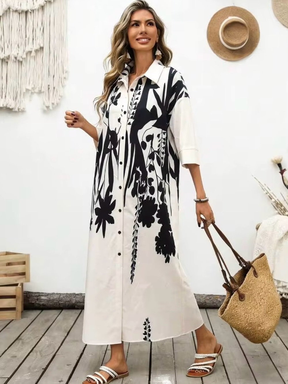 Women’s Black & White Floral Shirt Dress